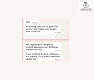WhatsApp Chat Screenshot - Dt. Foram Modi followed up and Supriya now able to wear cloths comfortably