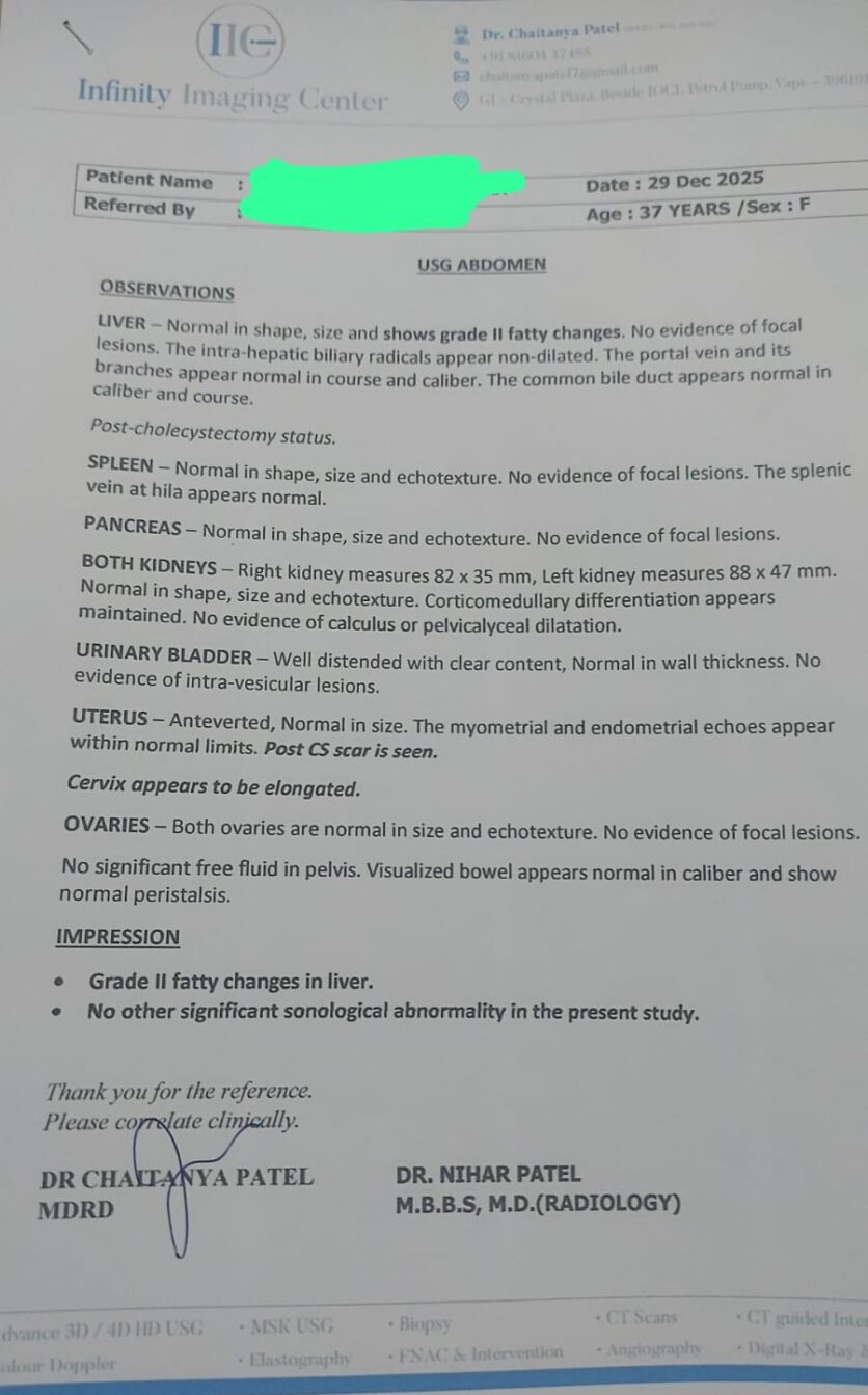 Fatty Liver Pathology lab report before diet plan starts.