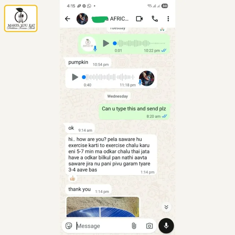 Client feedback on gut health diet plan on WhatsApp.