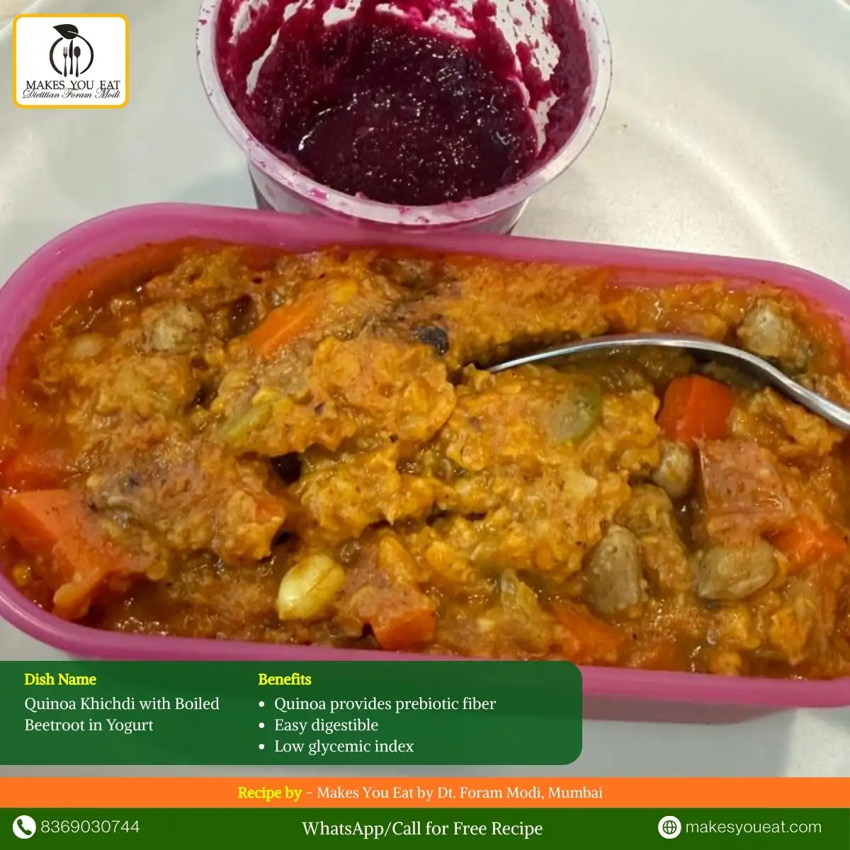 Quinoa Khichdi with Boiled Beetroot in Yogurt