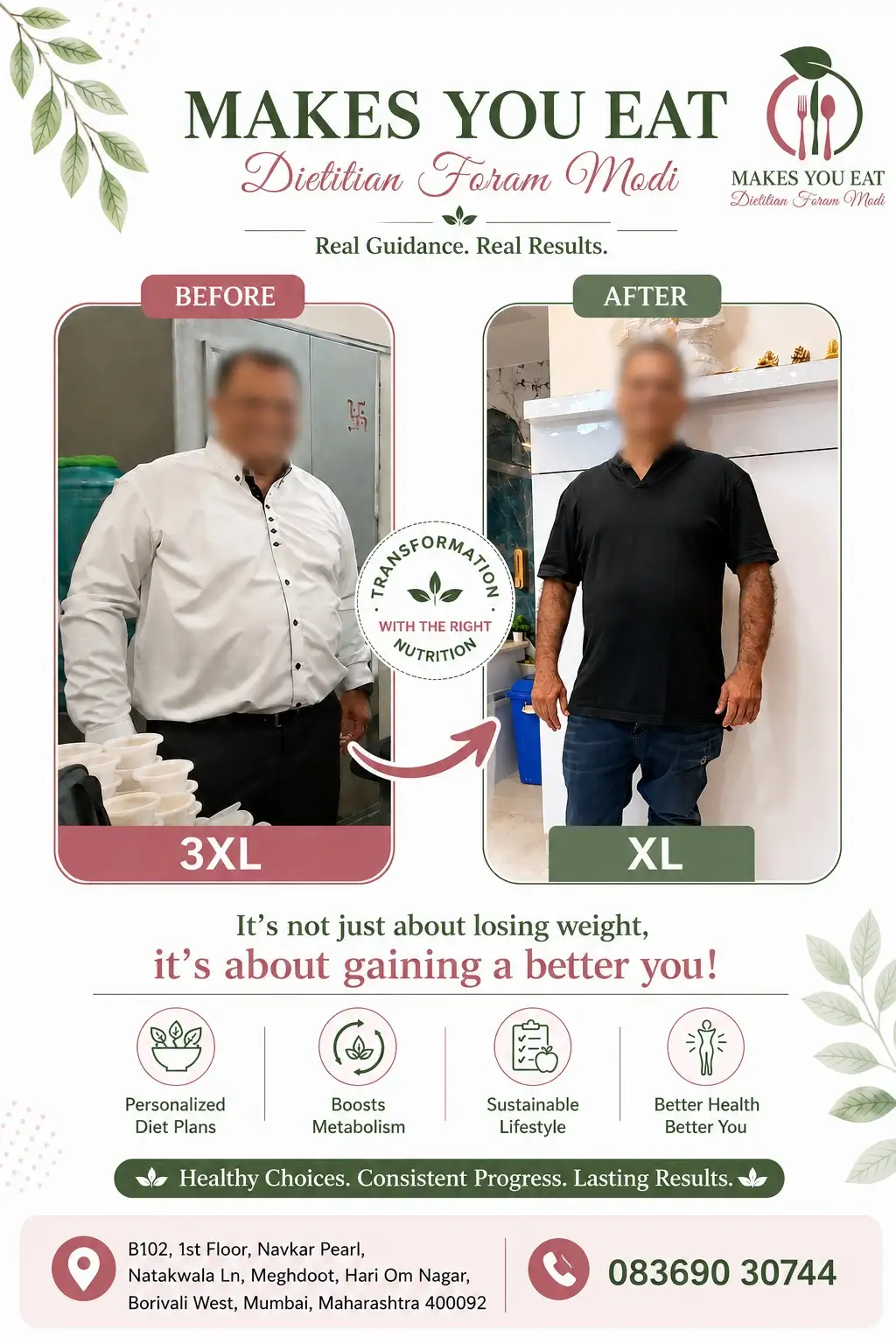 Before and after photo of client of this diet plan.