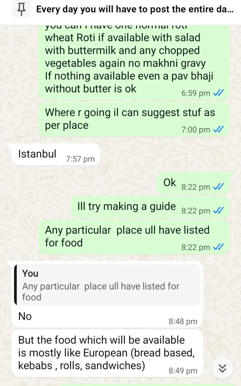 WhatsApp Screenshot showing Dt. Foram Modi will share Instanbul travel guide.