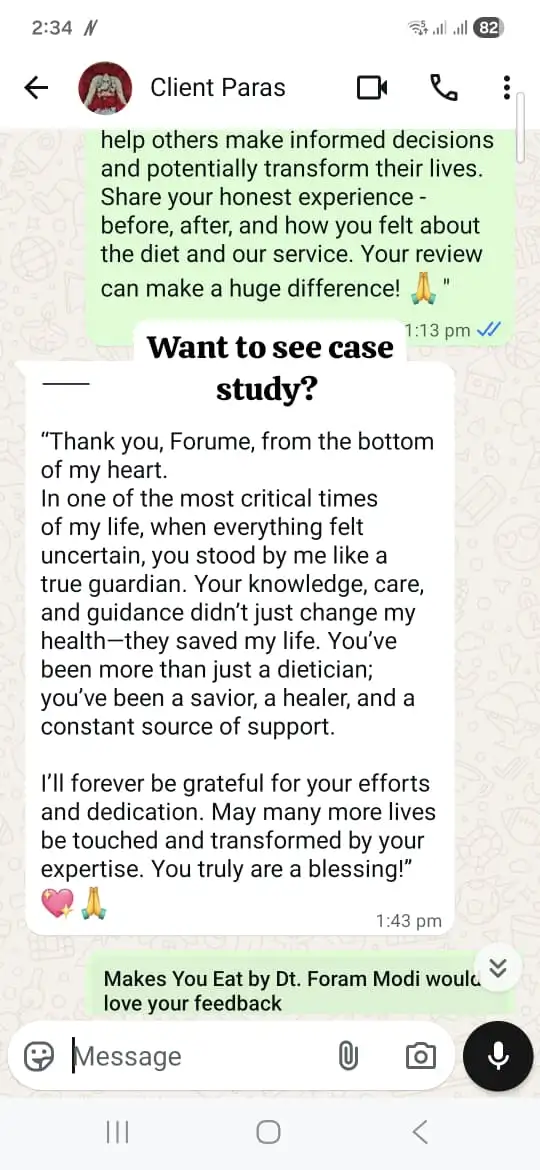 WhatsApp Chat Screenshot between Paras bhai and Dt. Foram Modi