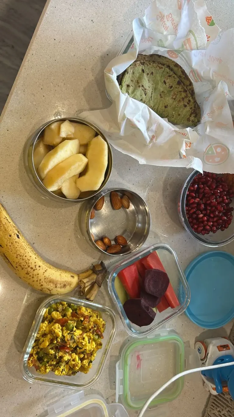 Diet Tiffin box with fruit pieces, salad.