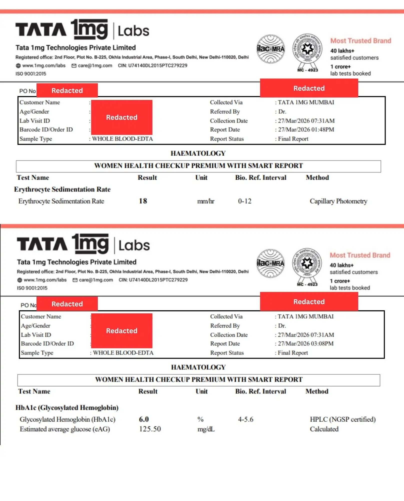 ESR & HbA1c test reports after 3 months of Singapore specific Diet plan
