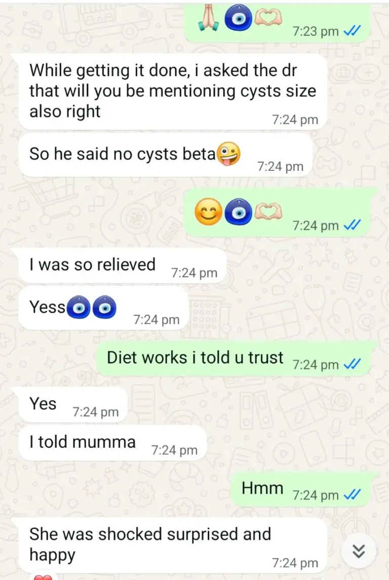 WhatsApp Screenshot of PMOS Diet Client - No Cyst Found Feedback