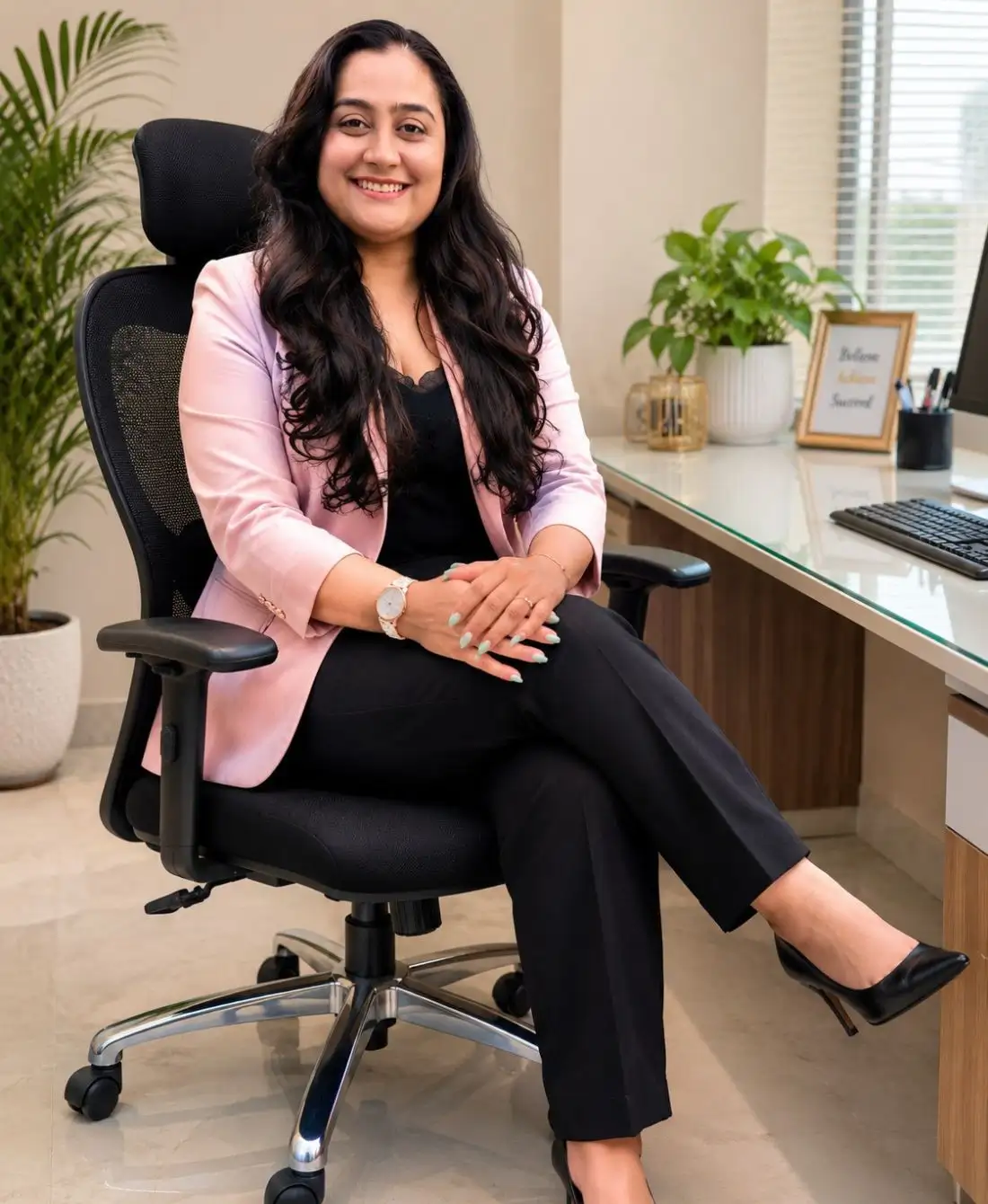Dt. Foram Modi siting on chair with legs folded.