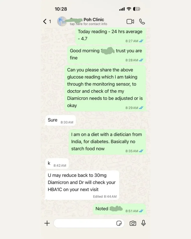 WhatsApp Screenshot of chat between Doctor and Client (names redacted)