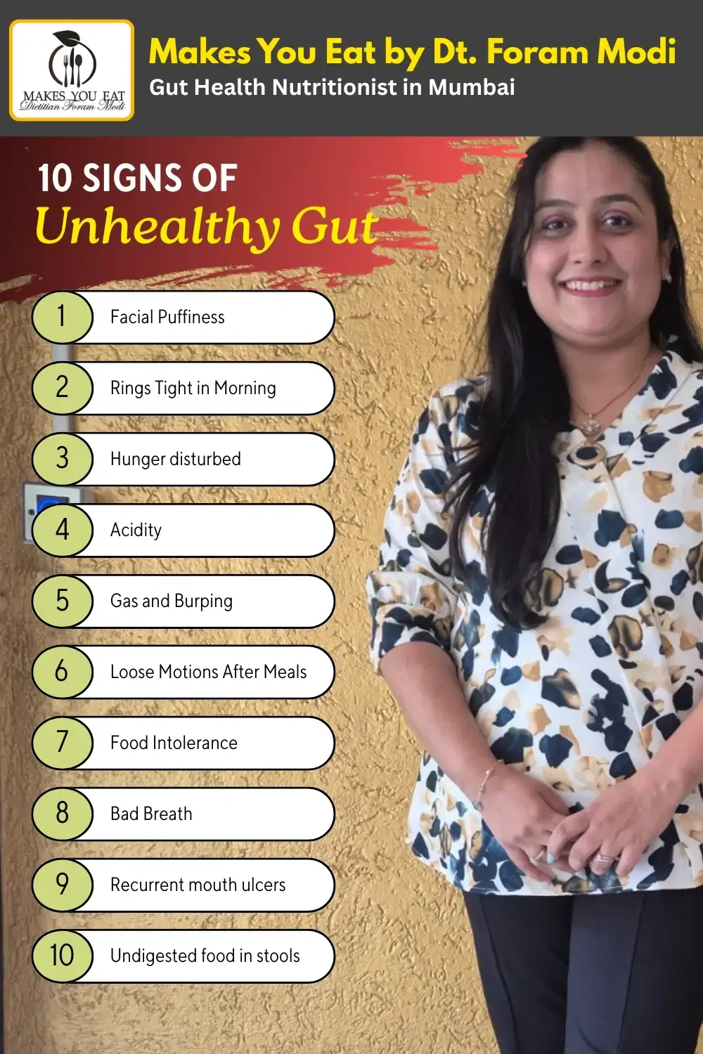 Infographic mentioning 10 Signs of Unhealth Gut