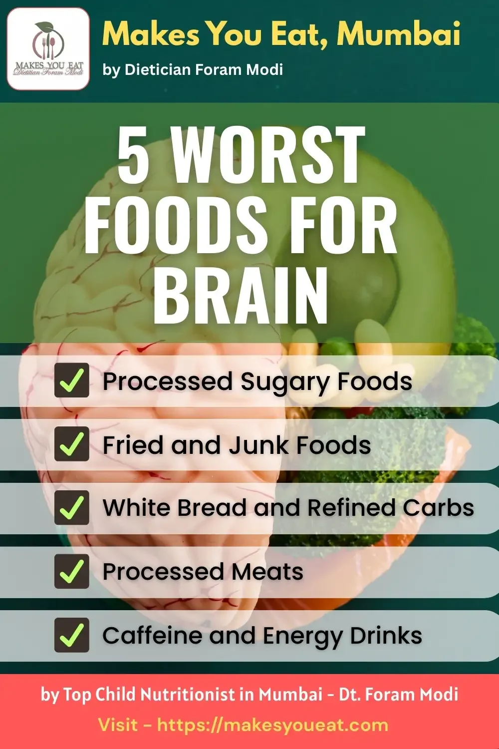 Infographic listing top 5 Worst Foods for Memory and Brain