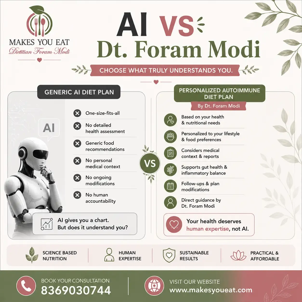 Infographic about AI vs Dt. Foram Modi Personalized Diet Plan.