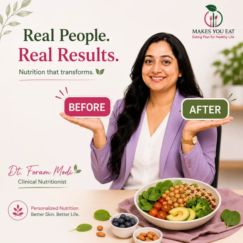 Representative image of Dt. Foram Modi holding before after labels in her hand.