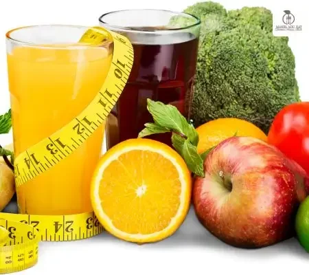 Benefits of proper balanced diet – Dietitian Foram Modi Explains A Sample Balanced Diet showing Orange Juice, Broccoli, Apple.