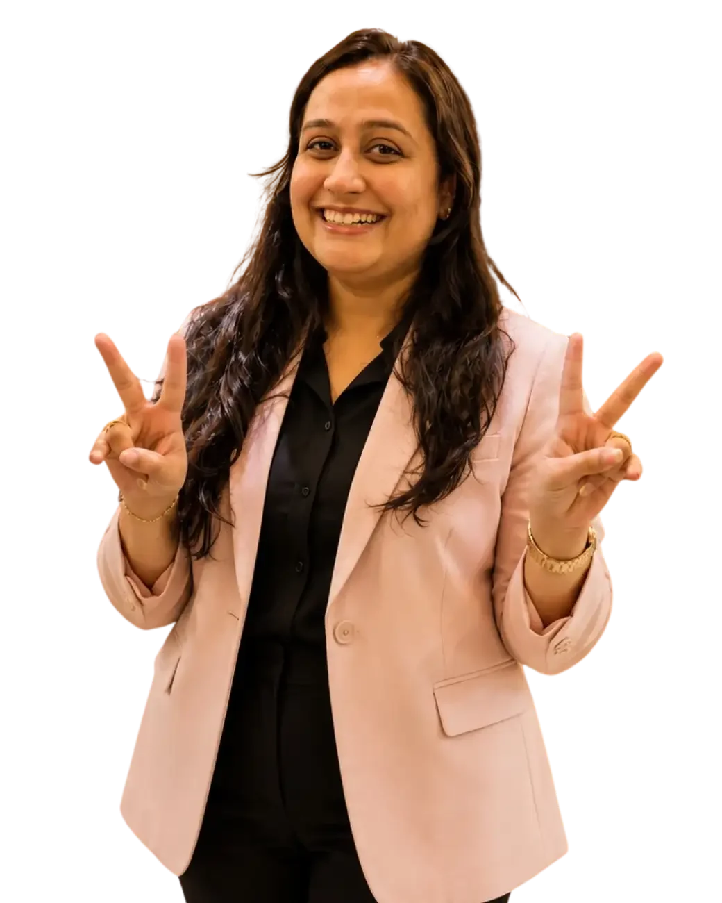 Nutritionist Dt. Foram Modi showing success with V notation using fingers.