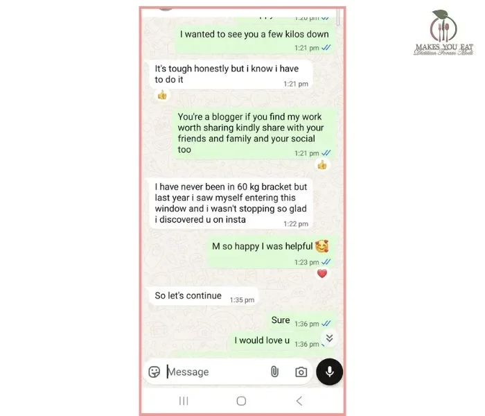 Client is happy to be in 60Kg bracket and thanks Dt. Foram Modi Client is happy to be in 60Kg bracket and thanks Dt. Foram Modi