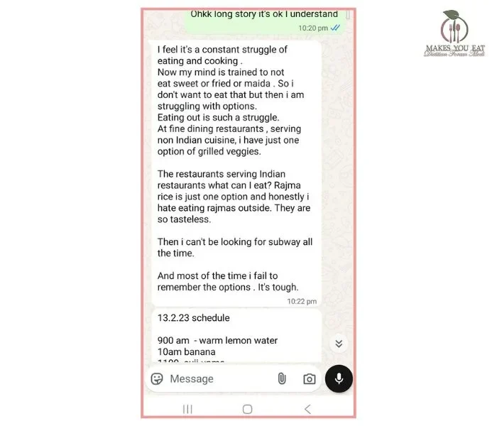 Client sharing struggles of eating right during the diet plan Client sharing struggles of eating right during the diet plan
