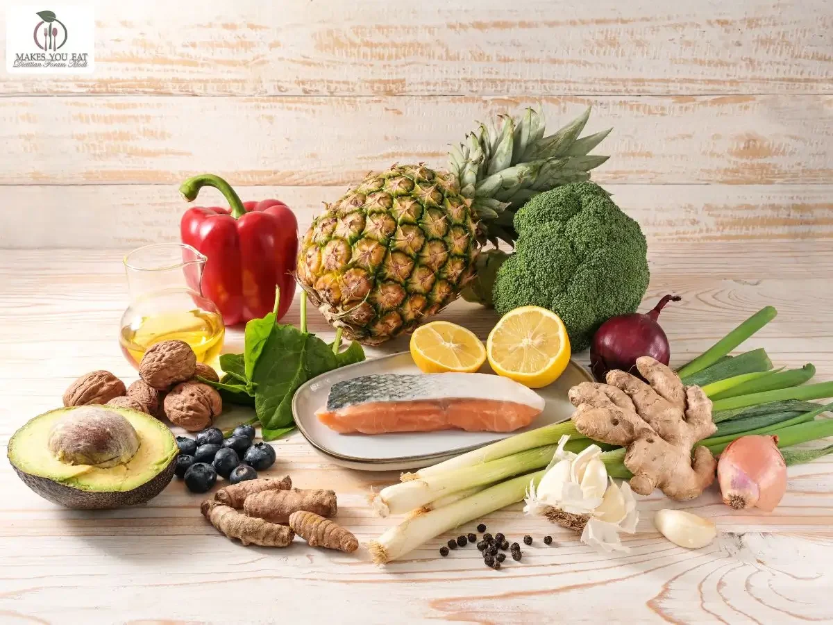 Group of food items with ginger, vegetables and fruits.