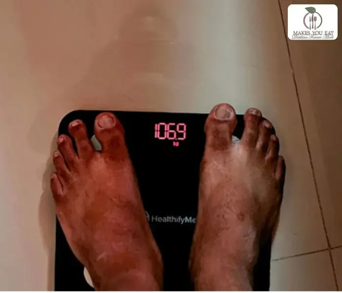 Ritesh Weight – 106.9Kg Before Starting the Weight Loss Diet Plan A Weighting scale showing Ritesh Weight - 106.9Kg Before Starting the Weight Loss Diet Plan