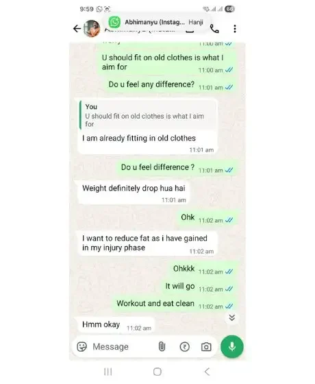 Whatsapp Chat Between Abhimanyu Arora and Nutritionist Foram Modi